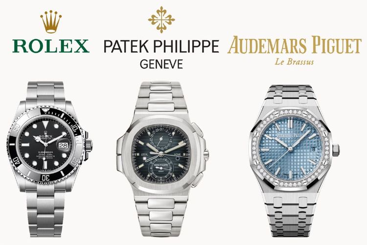 3 silver and diamond models from Patek Philippe, Rolex, and Audemars Piguet