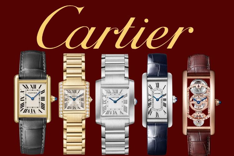 5 cartier tank watches with big yellow gold cartier logo