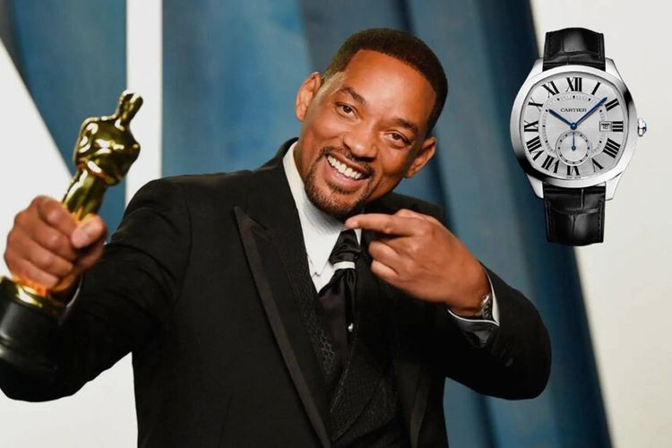 Will Smith at Oscar 2022 wearing black leather Drive de Cartier watch
