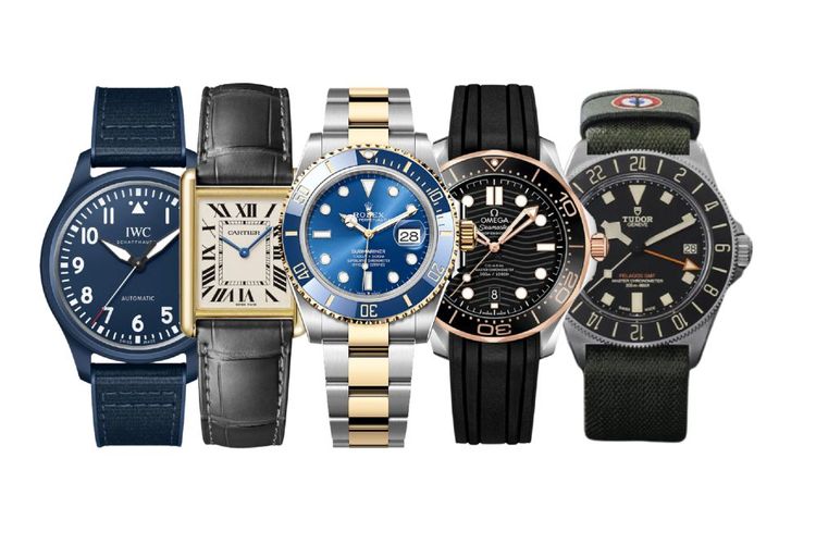 A digital collage of five luxury wristwatches from IWC, Cartier, Rolex, Omega, and Tudor, each showcasing different designs, materials, and styles.